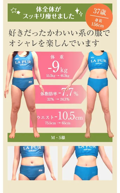 全体がスッキリ痩せて好きだったかわいい系の服でオシャレを楽しんでいます
体重-9kg（55.3kg→46.3kg）
体脂肪率-7.7％（32%→24.3%）
ウエスト-10.5cm（75.5cm→65cm）
