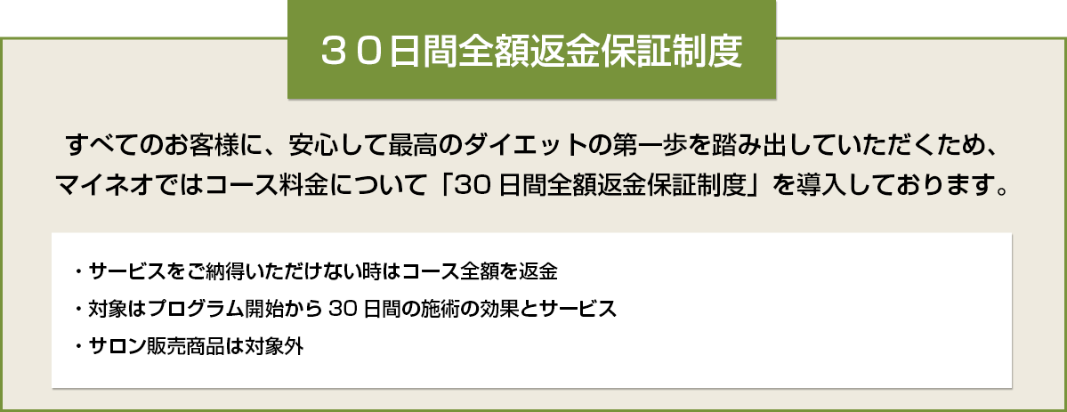 ３０日間全額返金保証制度。すべてのお客様に、安心して最高のダイエットの第一歩を踏み出していただくため、マイネオではコース料金について「30日間全額返金保証制度」を導入しております。・サービスをご納得いただけない時はコース全額を返金・対象はプログラム開始から30日間の施術の効果とサービス・サロン販売商品は対象外